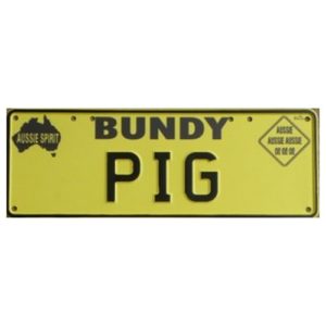 Novelty Number Plate - Bundy Pig Black On Yellow New Series