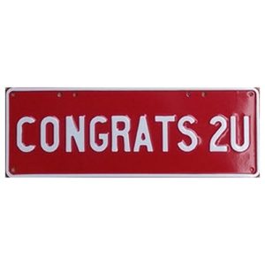 Novelty Number Plate - Congrats 2u White On Red