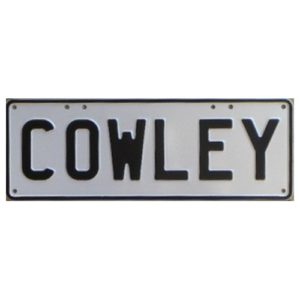 Novelty Number Plate - Cowley - Black On White