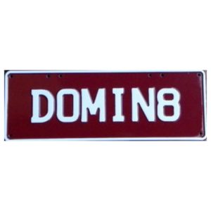 Novelty Number Plate - Domin8 White On Maroon