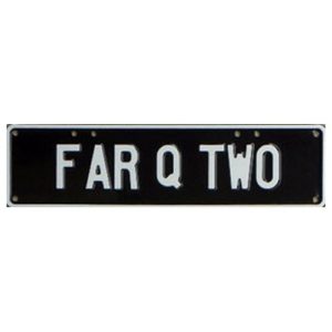 Novelty Number Plate (Slimline) - Far Q Two - White On Black Slim