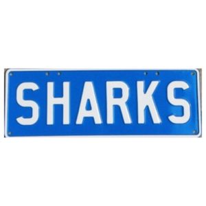 Novelty Number Plate - Sharks - White On Light Blue