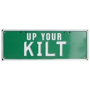 Novelty Number Plate - Up Your Kilt White On Green Stickerplate